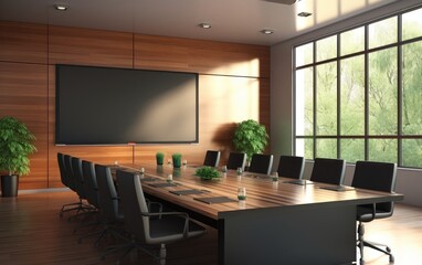 Fototapeta premium Modern conference room with large screen, wooden walls, and large windows. Natural light streams in, illuminating a long table with black chairs. Plants add a touch of nature to the space