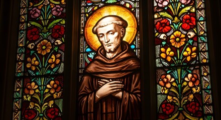 Obraz premium Stained Glass Saint Figure with Floral Design