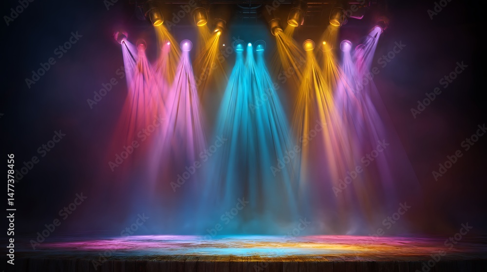 Poster Theater stage light background with spotlight illuminated the stage, empty stage with bright colors backdrop decoration, entertainment show
