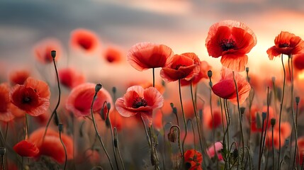 The amazing nature of red poppies under sunlight at sunset of a summer day a natural view of a blossoming flower as a background, creative banner, copyspace image