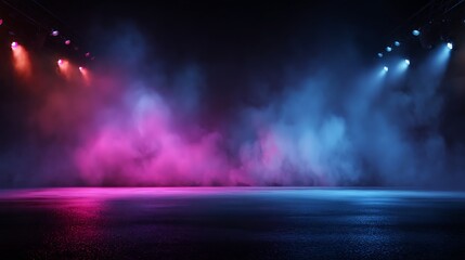 The dark stage shows, empty dark blue, purple, pink background, neon light, spotlights, the asphalt floor and studio room with smoke float up the interior texture for display products