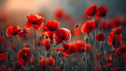 The amazing nature of red poppies under sunlight at sunset of a summer day a natural view of a blossoming flower as a background, creative banner, copyspace image