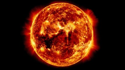 Bright and fiery sun with intense solar flares against a dark background
