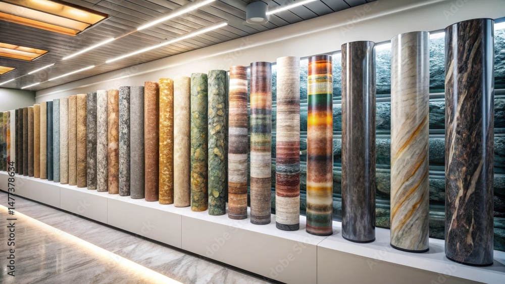 Poster A curated collection of cylindrical stone textured surface samples displayed on a minimalist shelf, showcasing a diverse range of natural patterns and colors for design applications.
