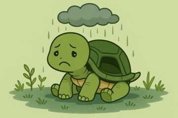 Obraz premium A cartoon turtle with a sad expression, sitting under an invisible rainy cloud with its shell slightly open on a light green background