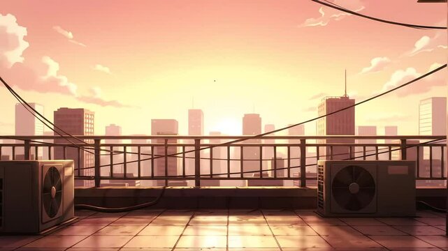 Sunsset view animation from a rooftop balcony with cityscape view. Landscape video animation in 4k quality