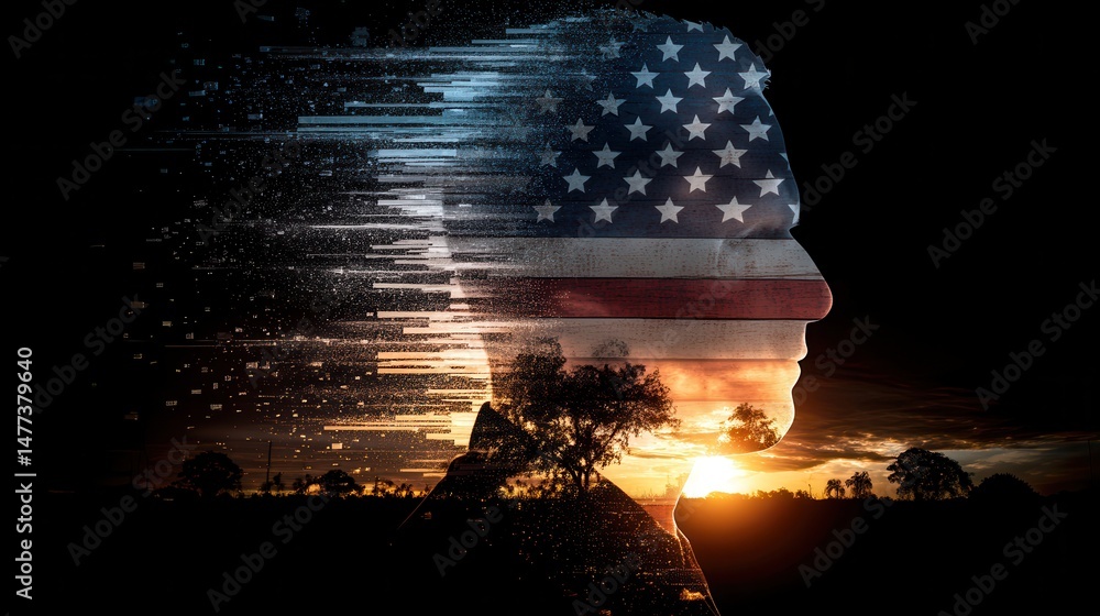 Poster portrait of a silhouette of a fallen hero at sunset with an abstract background and unique color eff