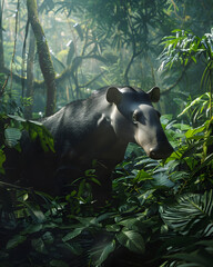 Tapir standing amidst dense tropical jungle vegetation