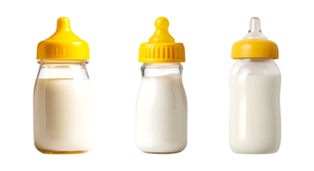 Set of baby bottle filled with milk and a yellow cap isolated on transparent background, in PNG format, cut out
