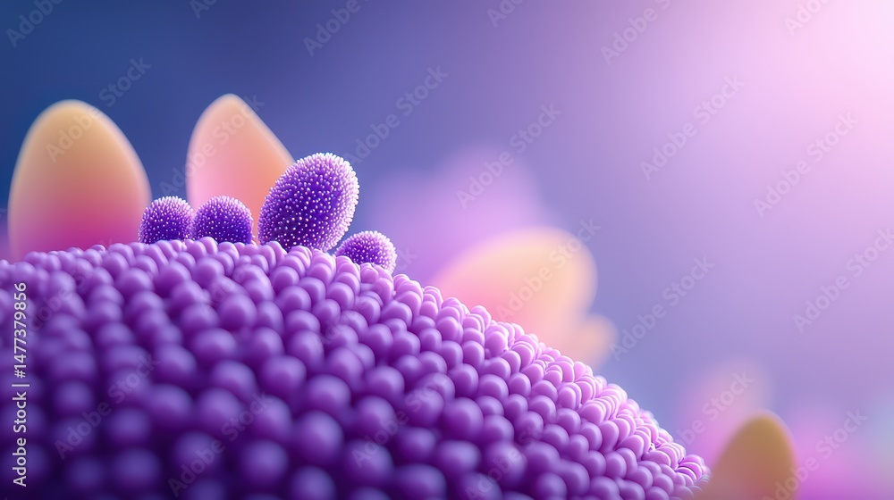 Poster colorful abstract representation of microscopic cells with purple textures and soft lighting in a sc