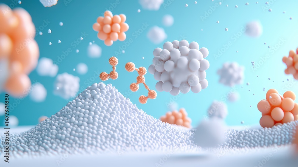 Poster abstract 3d illustration of molecular structures with white and orange spheres floating above a text