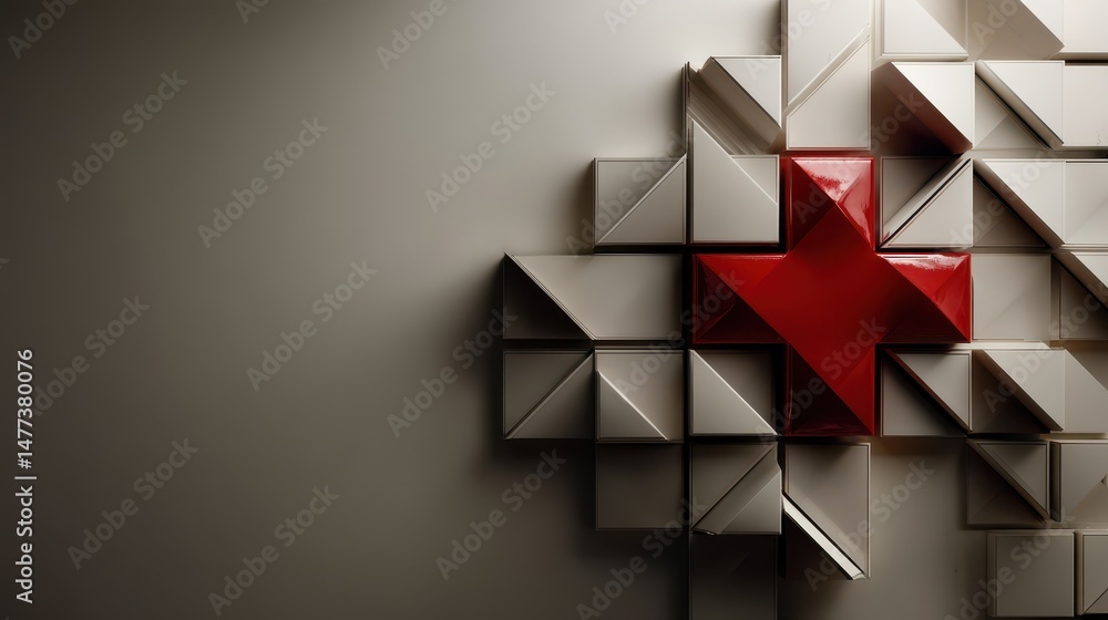 Aufkleber shining red cross symbol on modern clean background with geometric shapes and blocks