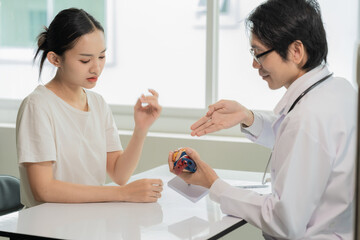 Fototapeta premium A cardiologist uses a heart model to explain something about heart disease to a patient at a hospital desk.