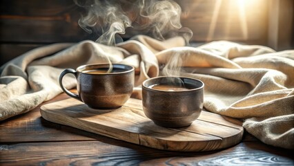 Two steaming mugs of hot beverage on wooden board, cozy textile backdrop