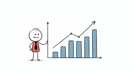 Cartoon Stick Figure Presenting a Positive Growth Chart Illustration