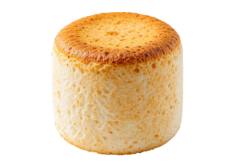 Single toasted marshmallow with golden brown top and porous texture, isolated on transparent background, sweet, dessert, snack.
