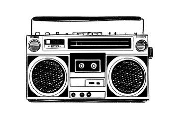 vintage radio cassette player black and white line drawing, hand drawn illustration on transparent background.