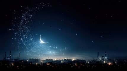 Naklejka premium Serene Starry Sky with Crescent Moon Illuminating a Quiet Neighborhood at Night