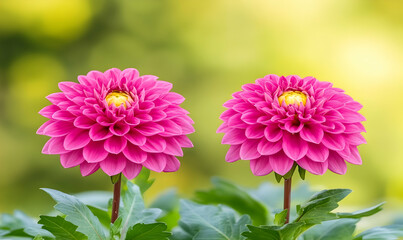 Two vibrant pink dahlias in full bloom, set against a soft green and yellow background. Perfect for cards, websites, and spring/summer themes.
