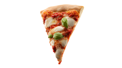 Slice of Delicious: A single slice of pizza, generously topped with rich tomato sauce, creamy mozzarella, and fresh basil leaves, a visual delight that's as tempting as it is delicious.