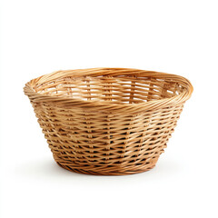 Woven straw basket on white background
