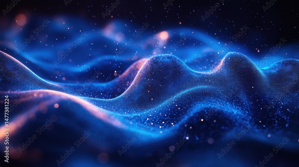 Poster quantum computing waves - vibrant particle waves and digital threads in electric blue, symbolizing a