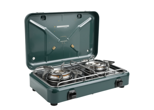Green two burner portable gas stove with lid open isolated on transparent background camping outdoor cooking