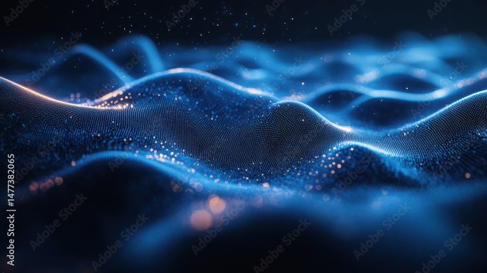 Poster Quantum Computing Waves - Vibrant particle waves and digital threads in electric blue, symbolizing AI processing.