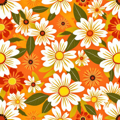 Floral daisy pattern seamless design with orange background for textile print, illustration