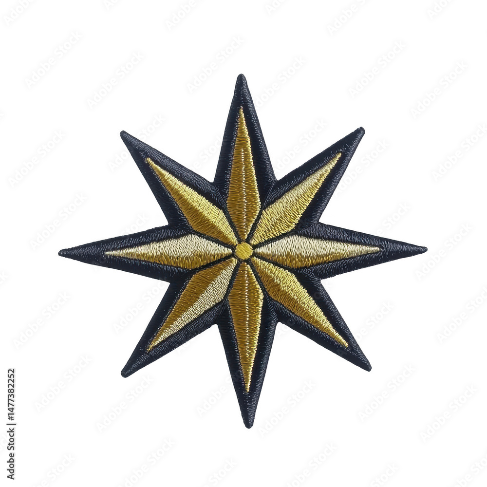 Aufkleber gold and black embroidered star patch with eight points, featuring intricate stitching and symmetric