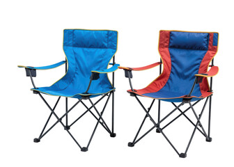 Two folding camping chairs, one blue, one red and blue, isolated on transparent background, camping, outdoor, leisure.