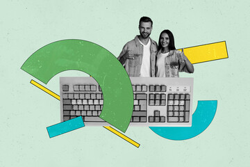 Pop zine sketch artwork collage of happy businessman businesswoman stand pc keypad desktop tool...