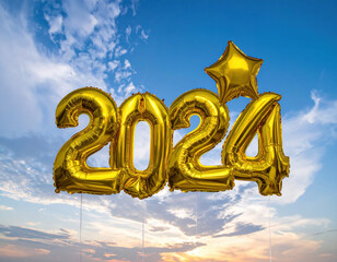 Golden balloons representing year 2024 float against vibrant sky, symbolizing hope and new beginnings