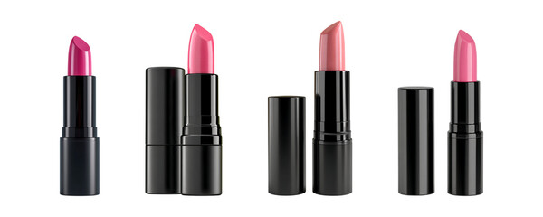Set of Pink lipstick in black tube isolated on transparent background, in PNG format, cut out