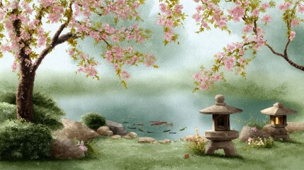 A serene scene of a pond with two lanterns and a tree in the background 15