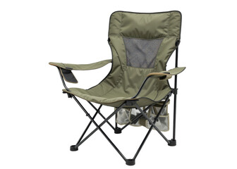 Green folding camping chair with armrests and storage pockets, isolated on transparent background, camping, picnic, outdoor.