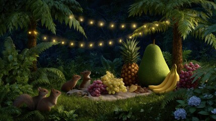 A group of small animals are gathered around a table with fruit