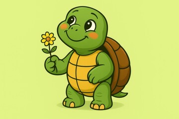 Obraz premium A cartoon turtle with an adoring expression, looking lovingly at an invisible partner while holding a tiny flower on a light green background