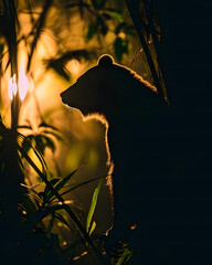 Silhouette of bear in tropical jungle at sunset