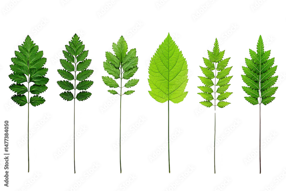 Poster collection of six different green leaves, each with unique shapes and textures, displayed in row on 