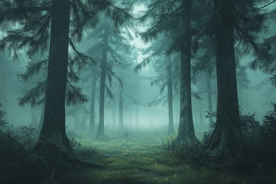 A misty forest path with tall trees and green foliage. - Powered by Adobe