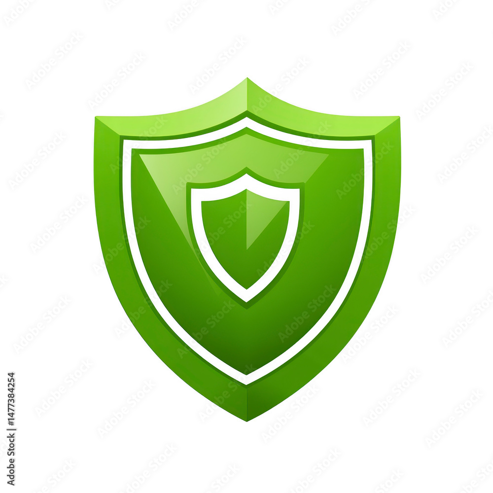Poster shiny green shield icon with layered design symbolizes protection and security. glossy finish and vi