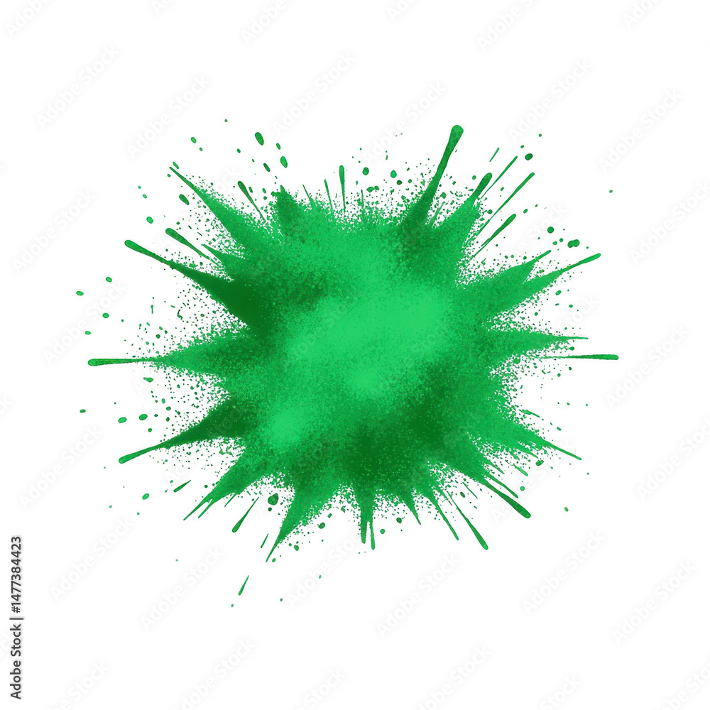 Poster vibrant green paint splatter with dynamic, irregular edges on transparency background, creating stri