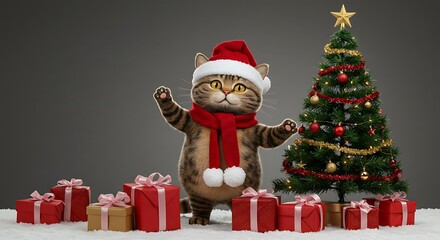 Here's a title under 150 characters: Christmas Cat, Festive Gifts & Tree