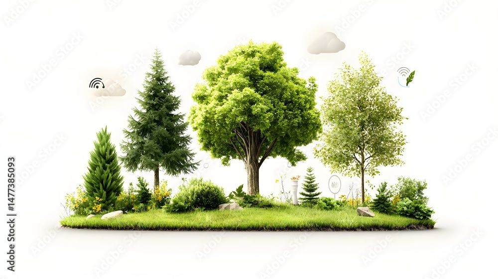 Aufkleber digital network tree icons infographic highlighting the of smart forest technology iot monitoring sy