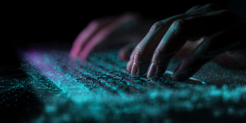 Close-up of hands typing on a keyboard, surrounded by glowing teal network lines, suggesting digital connection and data flow, representing modern technology and communication