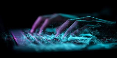 Hands typing on keyboard, enveloped in glowing cyan and purple network, symbolizing digital connection and innovation