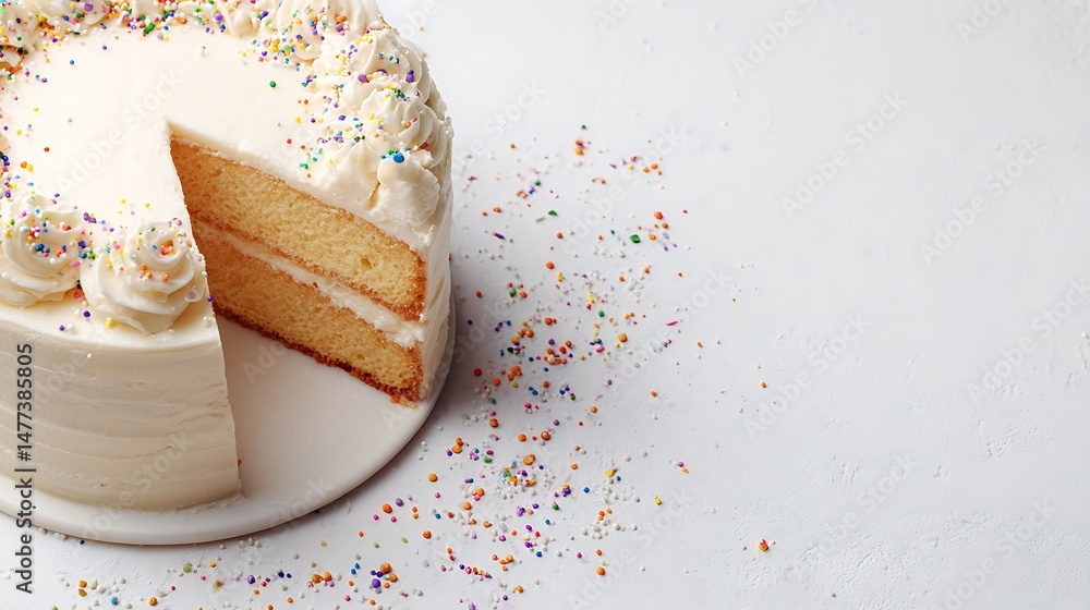 Poster Simple vanilla white cake on a solid white background with empty space and some sprinkles