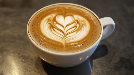 A cup of coffee with latte art on a wooden table.