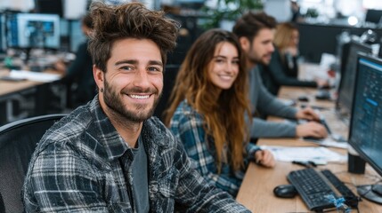 Happy people working together in modern office